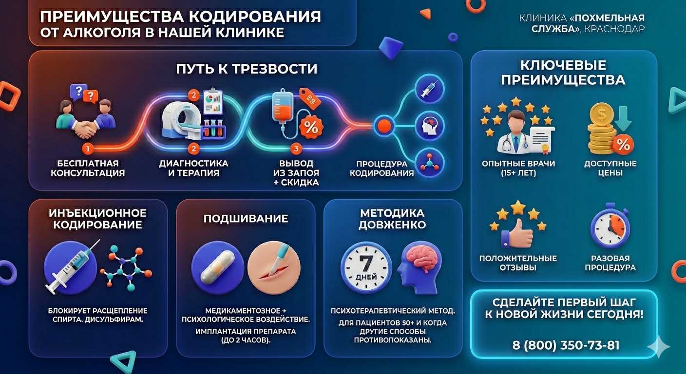 Инфографика о методах кодирования от алкоголя в Борисове: инъекции, подшивание, метод Довженко. Преимущества клиники и этапы лечения.
